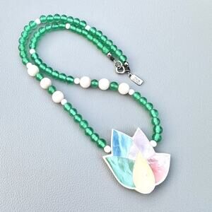 Vintage Karla Jordan Shell Inlay Lotus Flower Necklace Green Glass Stone Beaded